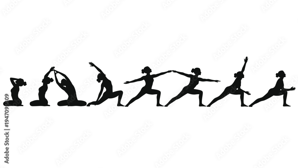 Obraz premium Set of black silhouettes showing various female figures practicing different yoga and stretching poses arranged in a horizontal line.