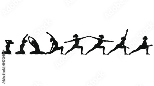 Set of black silhouettes showing various female figures practicing different yoga and stretching poses arranged in a horizontal line.