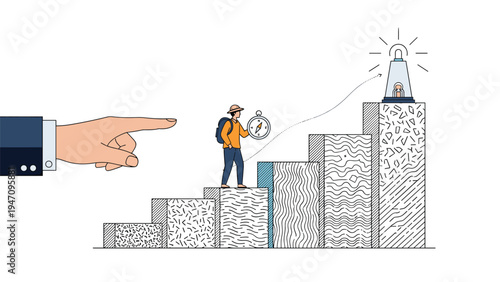 Businessman with a compass climbing a series of growing stone steps toward a lighthouse while being guided by a giant pointing hand.
