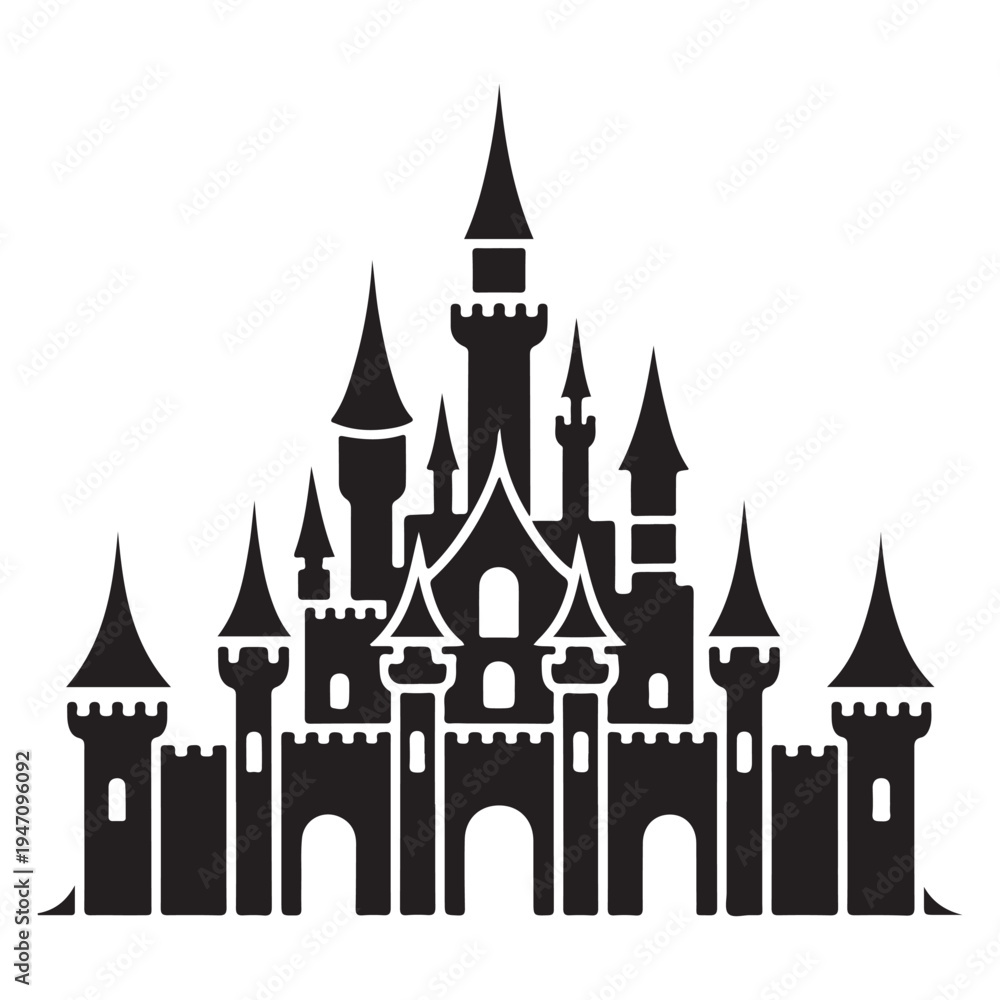 Fototapeta premium A detailed black silhouette of a fairytale castle with multiple towers and spires silhouette