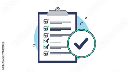 Clipboard with a completed checklist and a large green circular check mark symbol indicating approval or success on a light background.