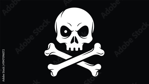 Large white skull and crossbones emblem prominently displayed against a solid black background creating a classic pirate symbol.