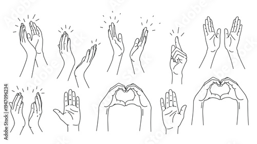 Collection of hand drawn black and white line art illustrations showing various hand gestures like clapping waving and heart shapes.