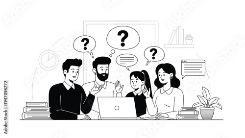 Black and white line illustration of a family sitting at a table with a laptop and question marks in speech bubbles.