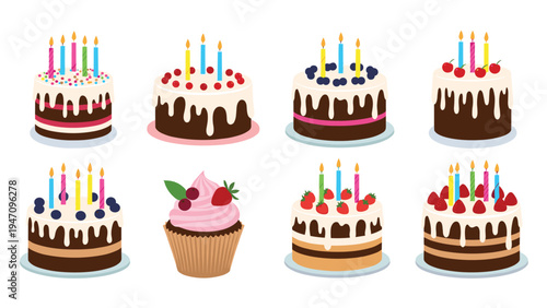 Selection of decorated chocolate birthday cakes with colorful candles and a single pink cupcake with a strawberry.
