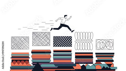Determined man jumping over various abstract hurdles and barriers represented by different patterns and textures in a modern style.