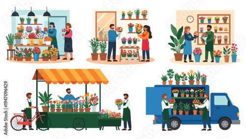 Various scenes of people working with flowers in flower shops at outdoor markets and transporting plants by truck.