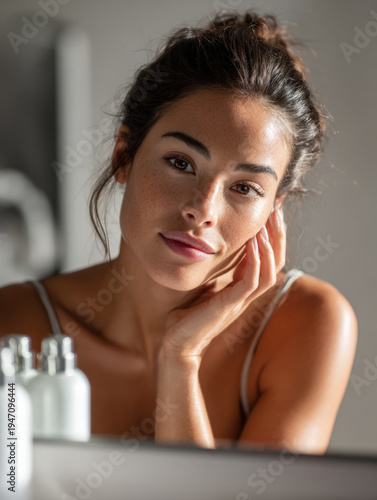 Close-up Mirror Reflection of a Beautiful Young Woman with Natural Freckles and Glowing Skin Touching her Face, Skincare and Wellness Concept with Soft Morning Lighting and Cosmetic Bottles Background