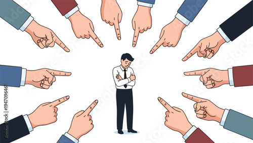 Troubled man standing with crossed arms surrounded by several human hands pointing fingers in blame or judgment.