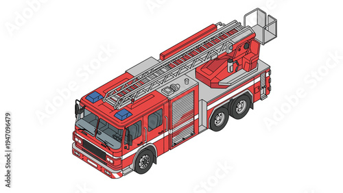 Isometric illustration of a red fire truck with an extendable ladder and emergency equipment on a white background.