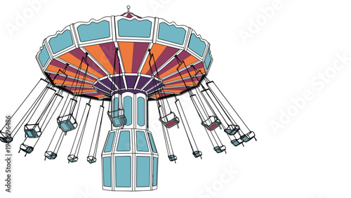 Large carnival swing ride with empty seats hanging from metal chains depicted against a plain white background.