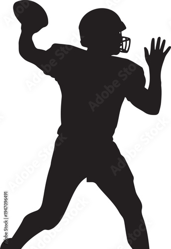 Dynamic Black Silhouette Vector of an American Football Player Throwing a Ball, Ideal for Sports Graphics, Team Logos, and Athletic Event Promotions