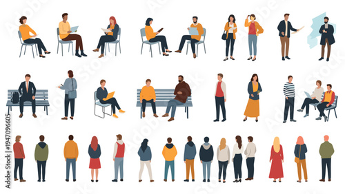 Diverse set of flat people silhouettes in various poses such as sitting standing walking and working for architectural use.