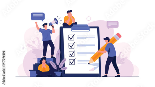 Group of professional people collaborating to complete a large checklist on a clipboard using a giant pencil on a purple background.