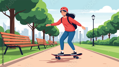 Active young woman wearing a helmet and riding a skateboard on a paved path through a beautiful city park with trees.
