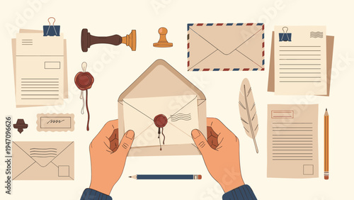 Hands holding a sealed envelope surrounded by vintage writing tools like a quill pen wax stamps and elegant paper.