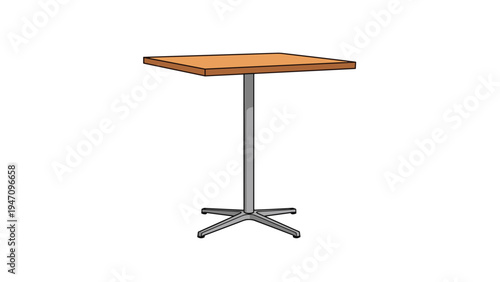 Minimalist square wooden bistro table with a central metal pedestal base isolated on a clean white background for interior design.