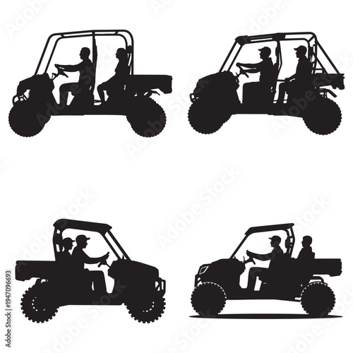 Four off road vehicles with passengers are depicted in a striking black silhouette