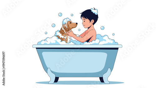 Happy young boy giving his pet golden retriever dog a bath in a white tub full of soapy bubbles and water splashes.