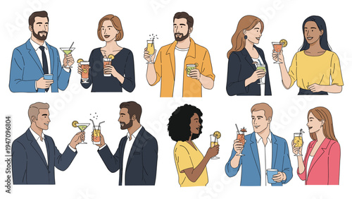 Group of diverse men and women in formal and casual attire holding colorful cocktails and toasting at a social event.