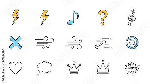 Assorted collection of simple graphic icons including lightning bolts musical notes hearts crowns and various weather symbols.