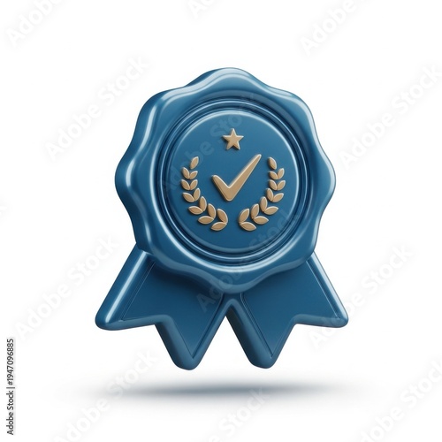 Blue ribbon badge with gold checkmark and laurel wreath