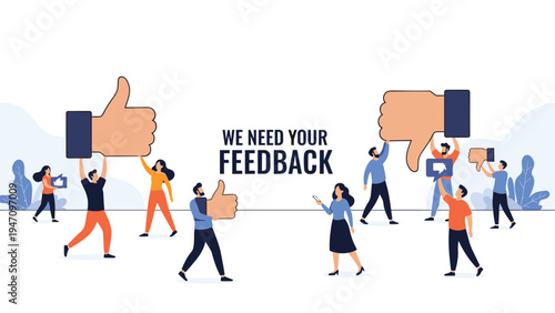 Diverse group of people holding large blue and red thumbs up and thumbs down icons for a customer feedback survey business concept.