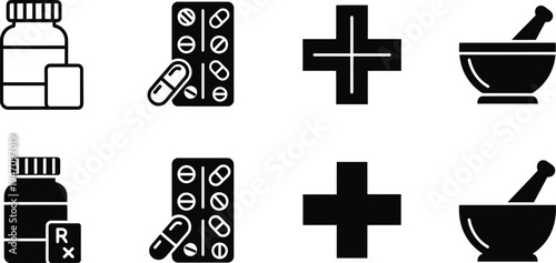 Medical and pharmacy icons set including pills bottles mortar and cross symbols
