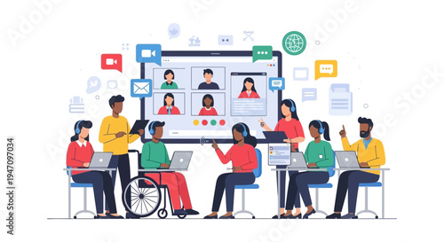 Diverse Team on Video Conference Call. Global Remote Collaboration, Webinar, and Online Meeting with People Working on Laptops.