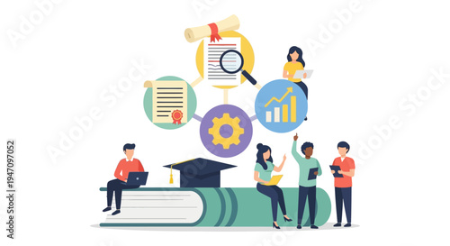 Education and Knowledge Workflow Concept. Diverse Students Learning, Researching, and Achieving Success through Study and Certification.