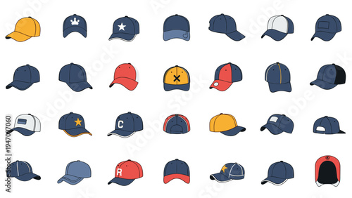 Massive collection of baseball caps in many different colors and styles including plain and patterned designs on white.