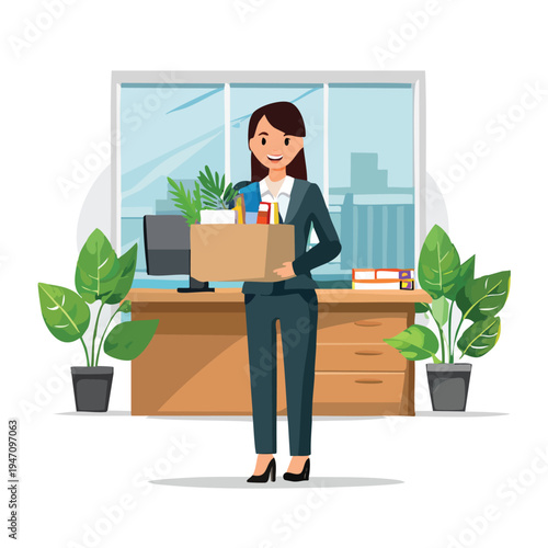 Woman holding box of office supplies standing at desk illustration