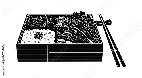 A detailed black and white illustration of a traditional japanese bento box with food presented as a silhouette