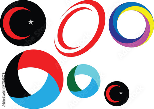set of abstract circular and ring designs with vibrant colors black red blue yellow cyan green twisted loops geometric shapes modern graphic art creative logo elements contemporary visual composition
