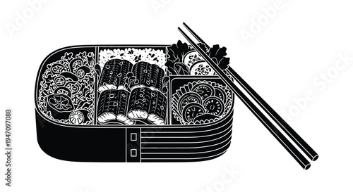 A detailed black and white illustration depicts a traditional japanese bento box with food a striking silhouette