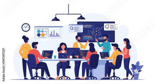 Agile Development Team Collaboration. Programmers Working on Software Project, Data Analysis Meeting, Coding and Consulting Concept Vector Illustration.