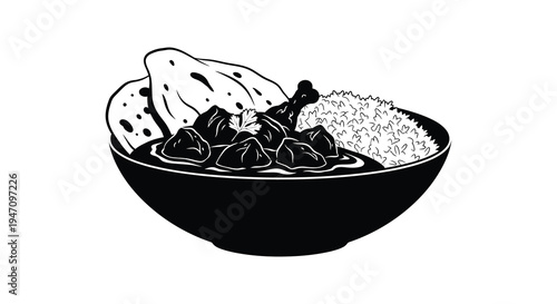 A detailed black and white illustration of a bowl filled with rice meat and vegetables a captivating silhouette