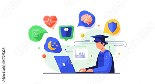 Holistic Student Wellness Management. Graduate using Laptop for Health, Sleep, Mental Fitness, and Security Tracking.