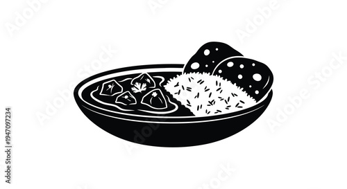A black and white illustration depicts a bowl of curry with rice and flatbread a stylized silhouette