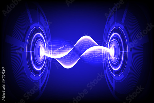 Futuristic sound wave interface between digital speakers with glowing waveform and circular HUD element on blue background, representing audio technology, signal transmission and data communication.