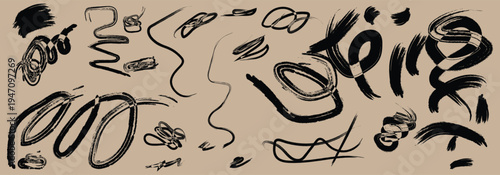abstract black brush strokes and scribbles on beige background expressive gestural marks chaotic swirls jagged lines bold sweeping strokes modern art texture experimental design contemporary compositi