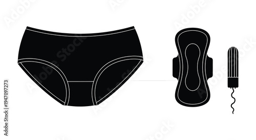 A graphic depiction of feminine hygiene products including underwear a pad and a tampon in silhouette high quality