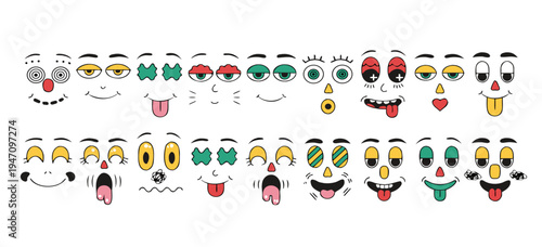 Cartoon faces. Expressive eyes and mouth, smiling, crying and surprised character face expressions. Caricature comic emotions or emoticon doodle. Isolated vector illustration icons set .vector icon