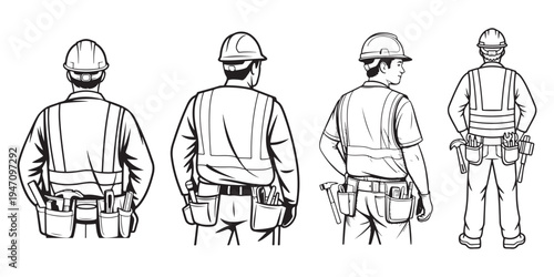 Four construction workers shown from behind wearing hard hats and safety vests silhouette