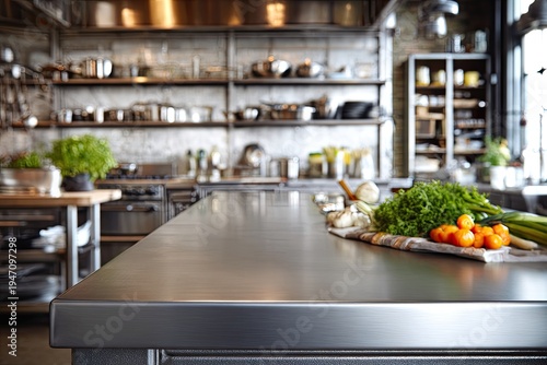 Professional Commercial Kitchen Countertop with Fresh Ingredients.