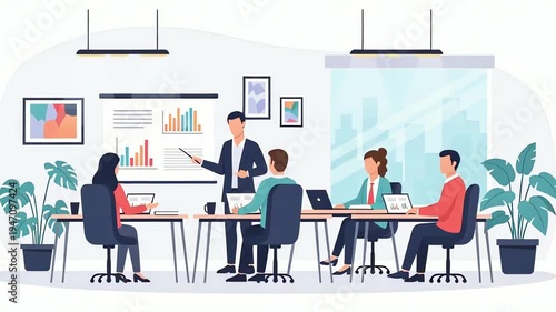 Business professionals attending a corporate presentation in a modern office setting. A team leader explains charts and graphs on a whiteboard to colleagues. Flat illustration animated graphics