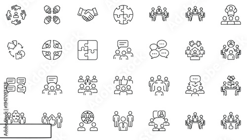 Business teamwork and collaboration line icon set featuring partnership handshake puzzle pieces meeting discussion and professional corporate communication symbols.