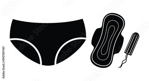 A graphic representation of feminine hygiene products alongside underwear presented in a stark black silhouette high quality professional