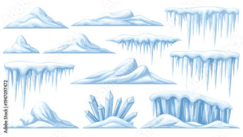 Collection of winter ice and snow elements including icicles snow mounds and blue frozen crystals isolated on white.