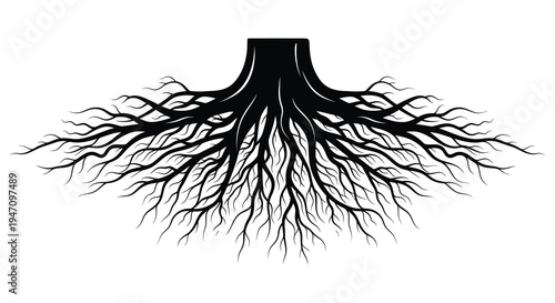 An intricate network of roots depicted in a stark black design forming a unique and dramatic silhouette